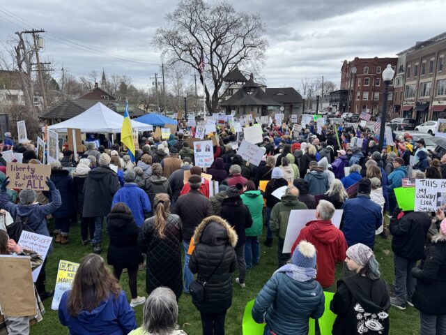 Overhead view of the crowd of more than 600 people gathered on Railroad Green for the Hands Off rally in Warwick New York on April 5, 2025